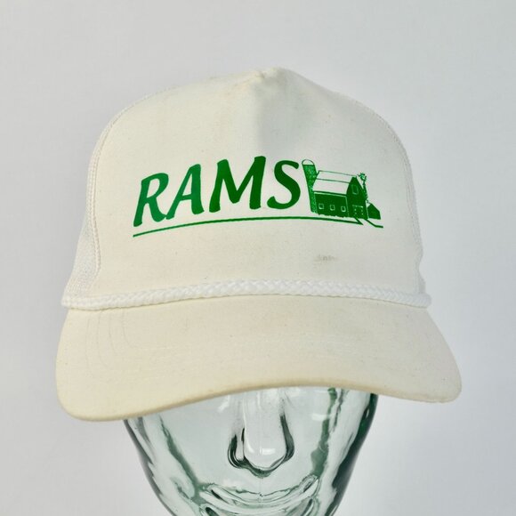 Vintage Rams White Green Barn Farming Hat Trucker Braided - Picture 1 of 7